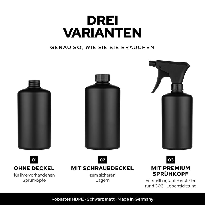 KULT Sprühflasche 500 ml in drei Varianten: ohne Deckel, mit Schraubdeckel oder mit Premium Sprühkopf
