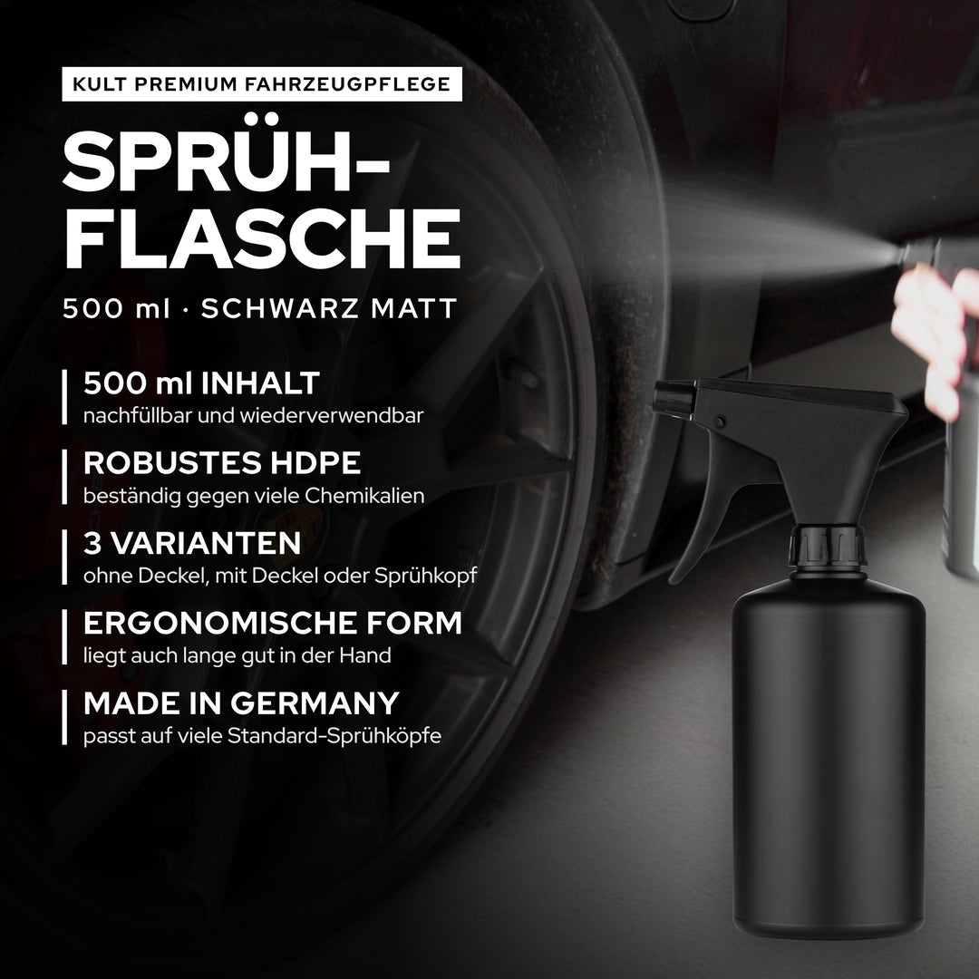 KULT Sprühflasche 500 ml in Schwarz matt aus robustem HDPE, nachfüllbar, Made in Germany