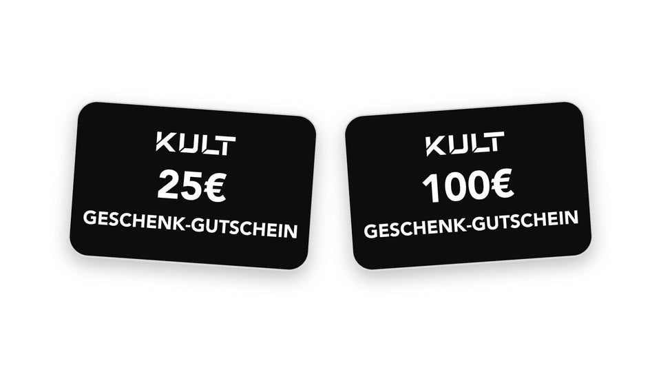 Zwei schwarze KULT Geschenk-Gutscheine über 25 Euro und 100 Euro