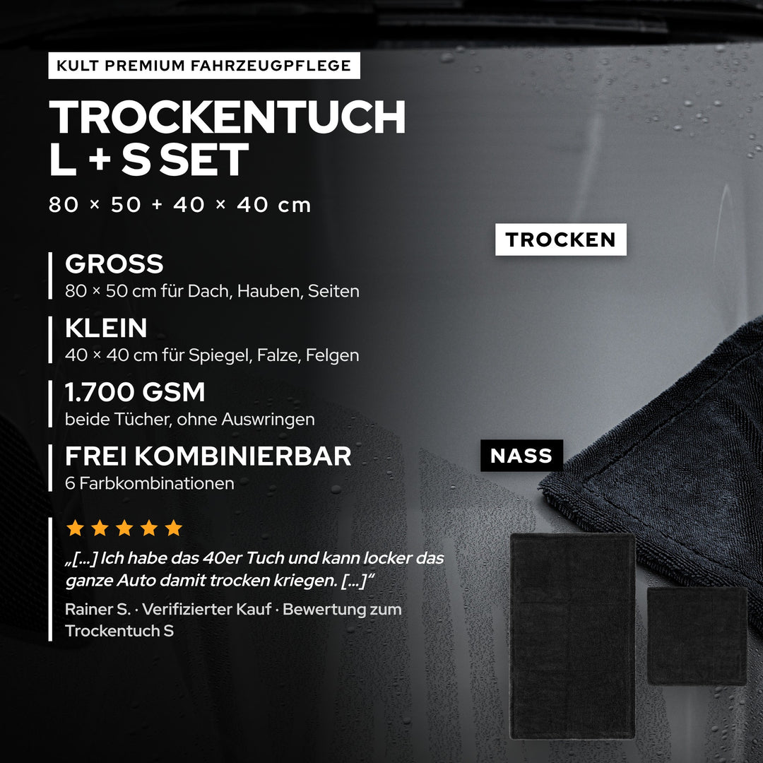 KULT Premium Auto Trockentuch L + S Set: großes Tuch 80 × 50 cm und kleines Tuch 40 × 40 cm mit 1.700 GSM