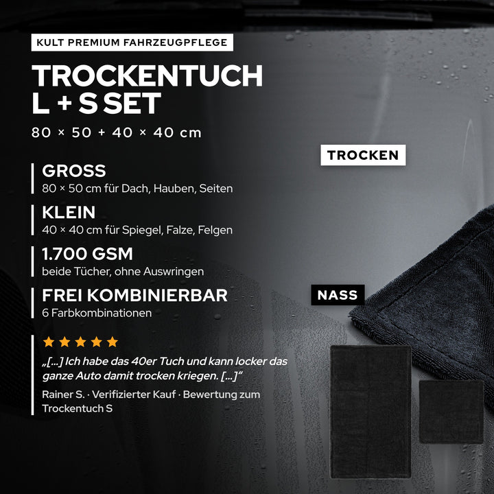 KULT Premium Auto Trockentuch L + S Set: großes Tuch 80 × 50 cm und kleines Tuch 40 × 40 cm mit 1.700 GSM