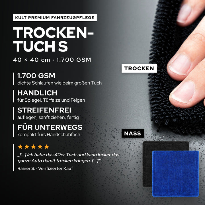 KULT Premium Auto Trockentuch S 40 × 40 cm mit 1.700 GSM für Details, mit echter Kundenbewertung
