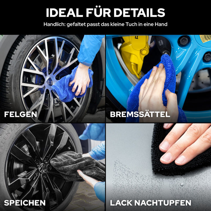 KULT Trockentuch S in der Hand an Felgen, Bremssätteln und Speichen und zum Nachtupfen auf dem Lack