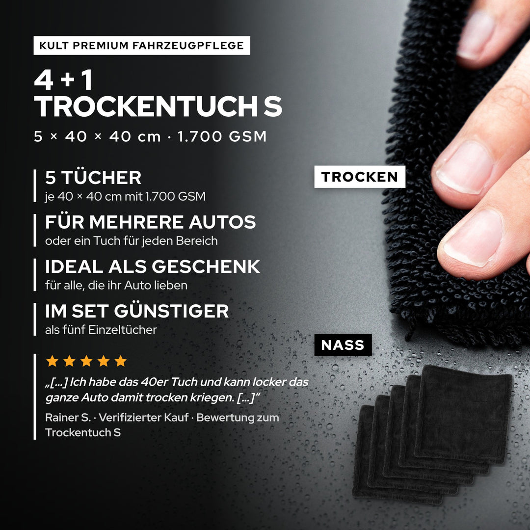 KULT 4+1 Premium Auto Trockentuch S Set mit fünf Tüchern 40 × 40 cm und 1.700 GSM