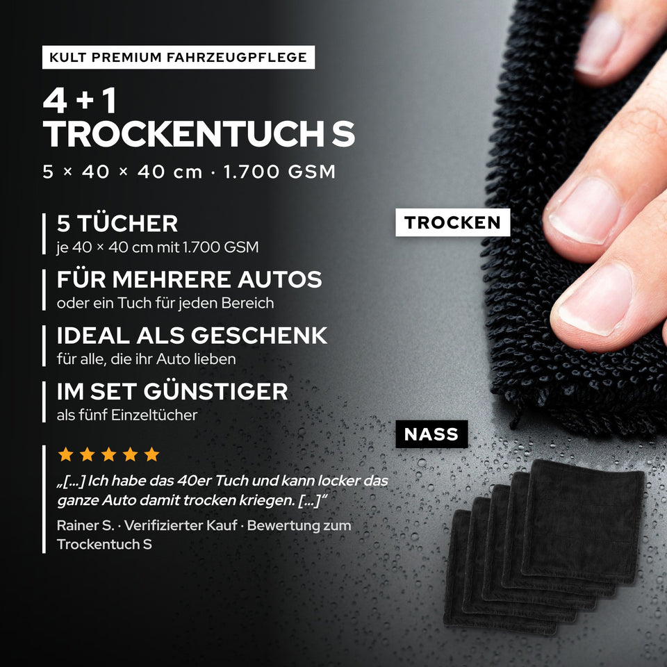 KULT 4+1 Premium Auto Trockentuch S Set mit fünf Tüchern 40 × 40 cm und 1.700 GSM