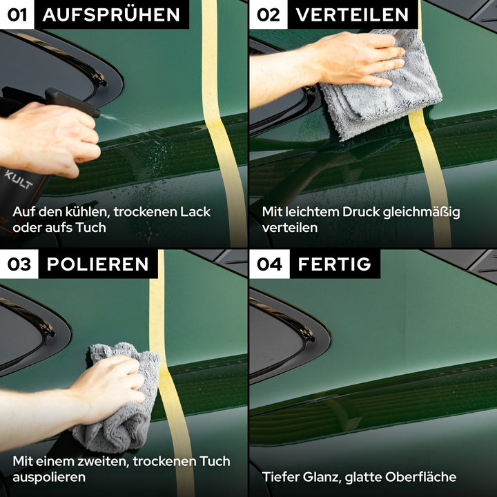 KULT Wachs Detailer Anwendung in 4 Schritten: aufsprühen, verteilen, mit trockenem Tuch auspolieren, fertig
