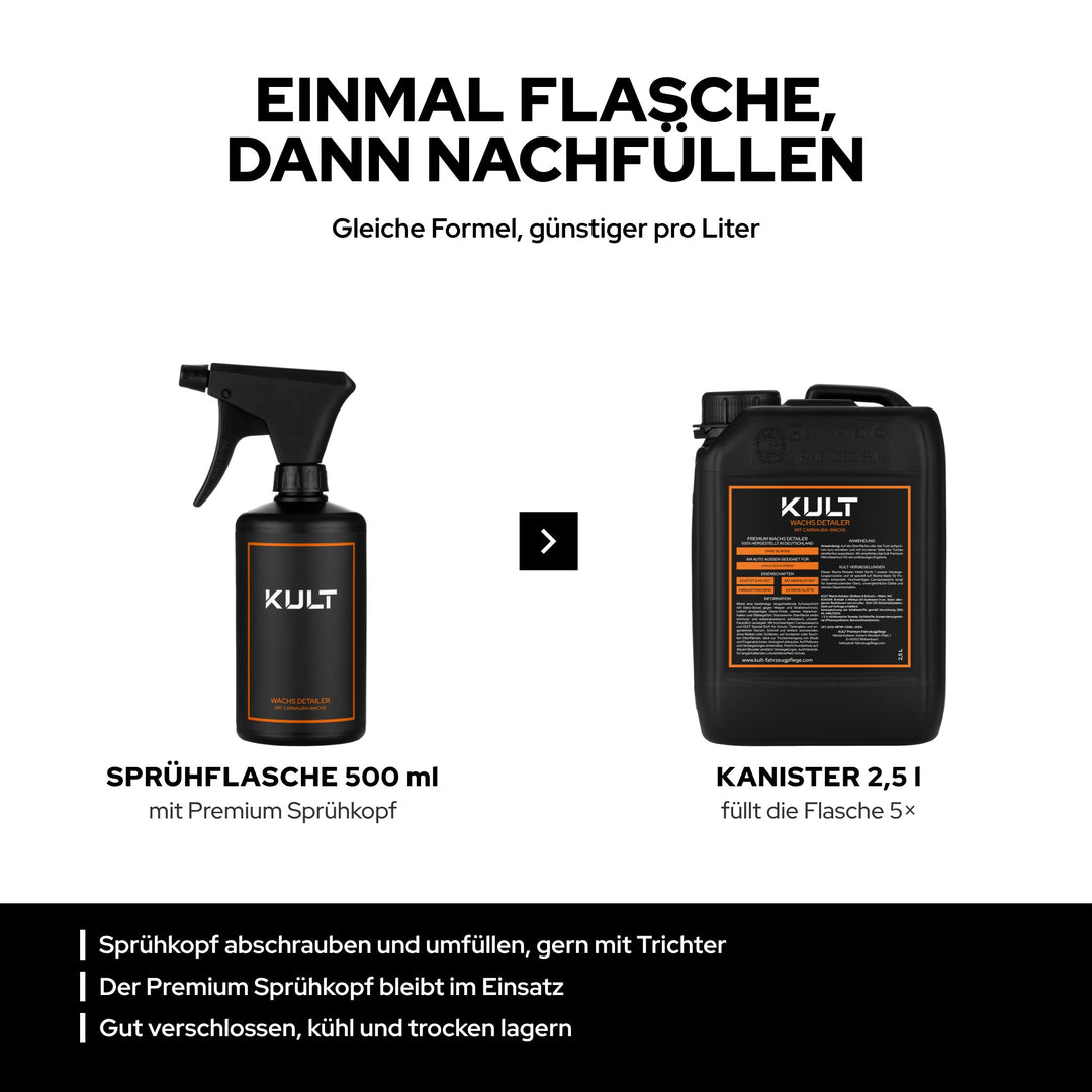 KULT Wachs Detailer nachfüllen: 500-ml-Sprühflasche mit Premium Sprühkopf und 2,5-l-Kanister