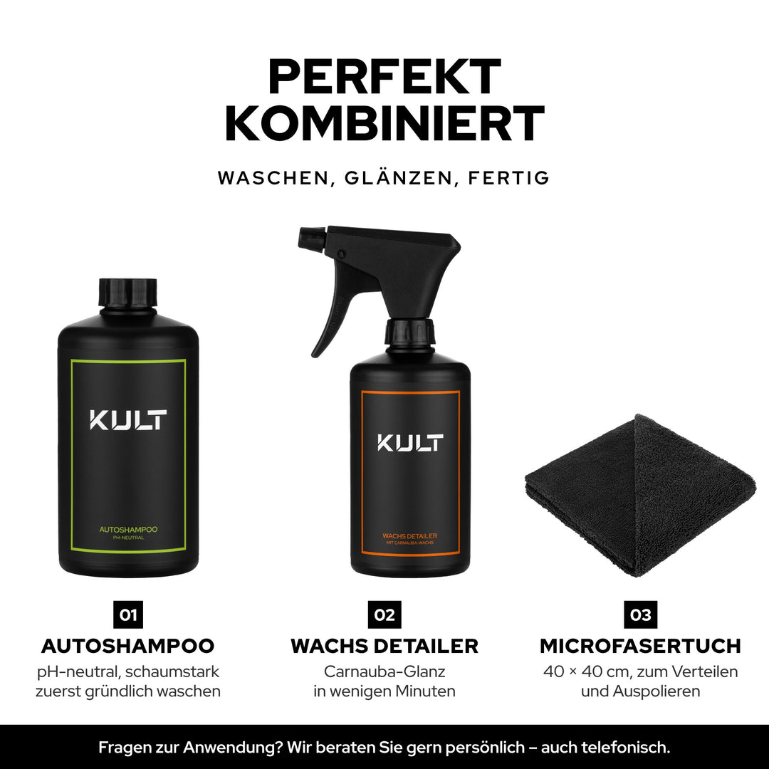 KULT Wachs Detailer kombiniert mit Autoshampoo pH-neutral und Premium Microfasertuch