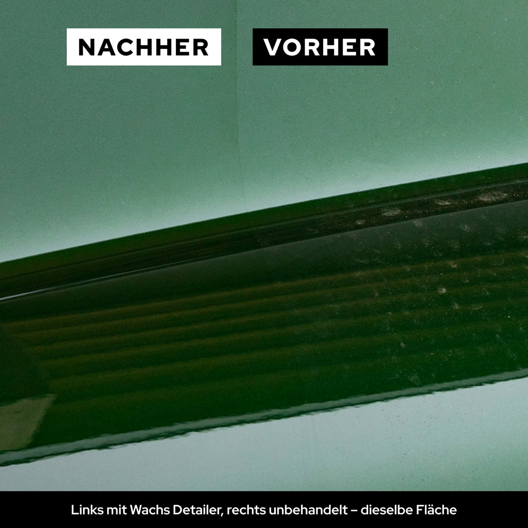 Vorher-Nachher am Lack: links tiefer Glanz mit KULT Wachs Detailer, rechts matter, fleckiger Lack unbehandelt