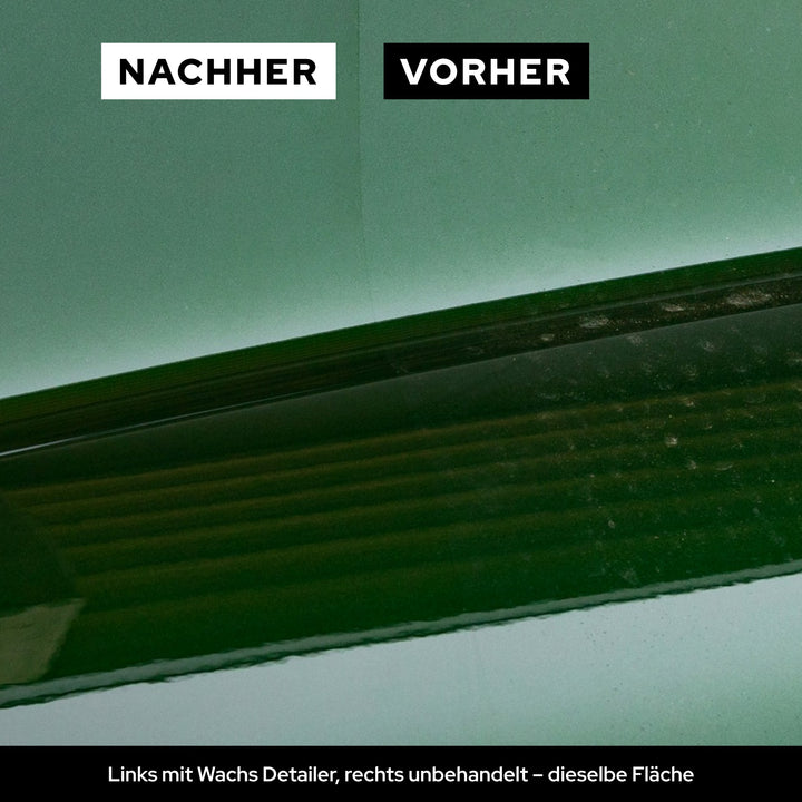 Vorher-Nachher am Lack: links tiefer Glanz mit KULT Wachs Detailer, rechts matter, fleckiger Lack unbehandelt