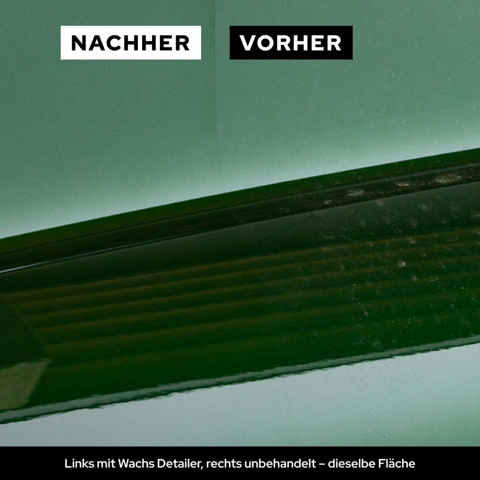 Dieselbe Lackfläche mit Klebeband als Markierung, links mit dem KULT Wachs Detailer behandelt, rechts unbehandelt