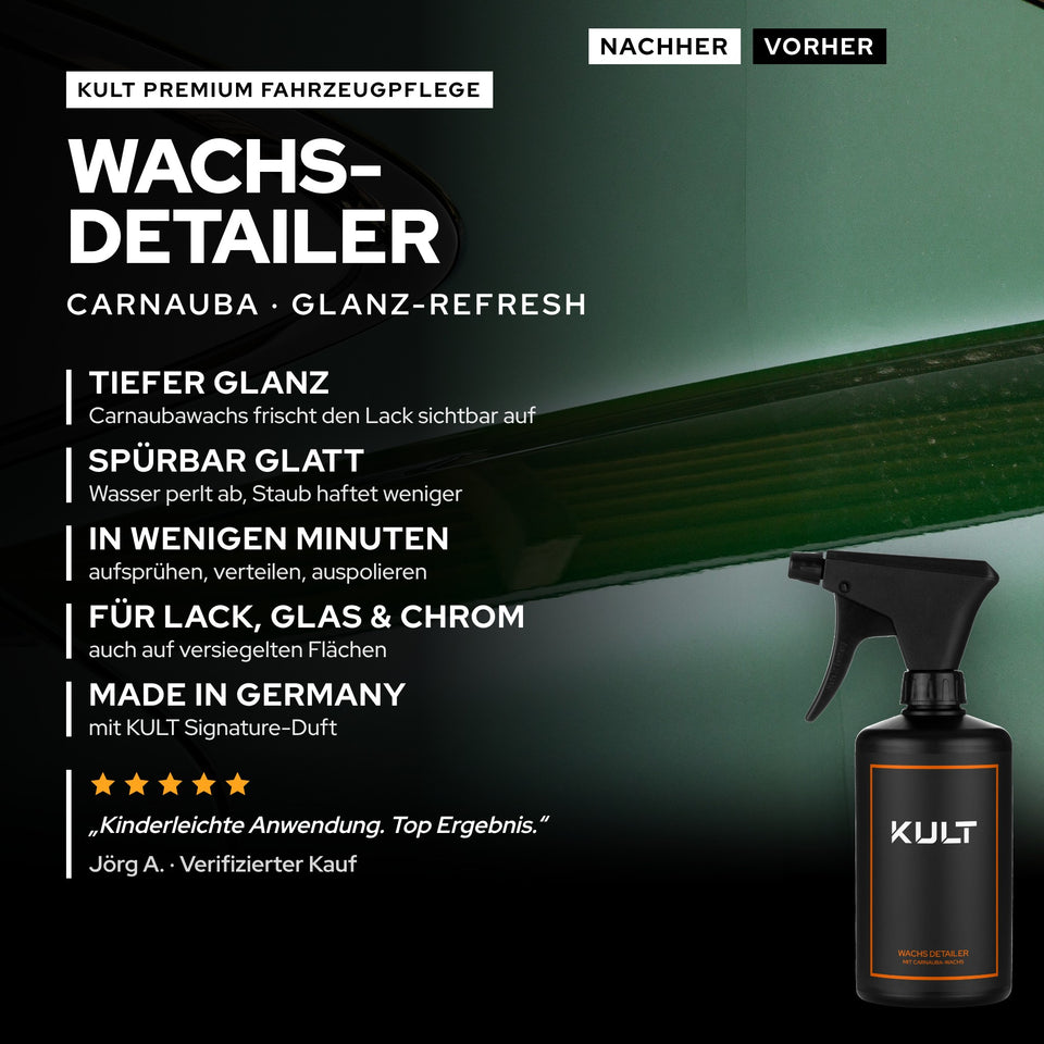 Grafik zum KULT Wachs Detailer mit Carnaubawachs und den Eigenschaften tiefer Glanz, glatte Oberfläche, für Lack, Glas und Chrom, Made in Germany