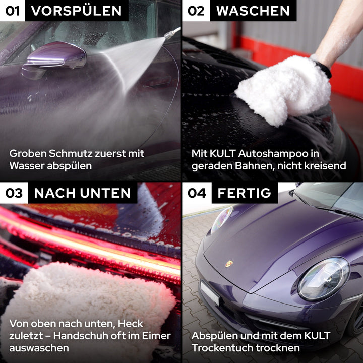 KULT Waschhandschuh Anwendung am selben Sportwagen: vorspülen, in geraden Bahnen waschen, von oben nach unten, sauber