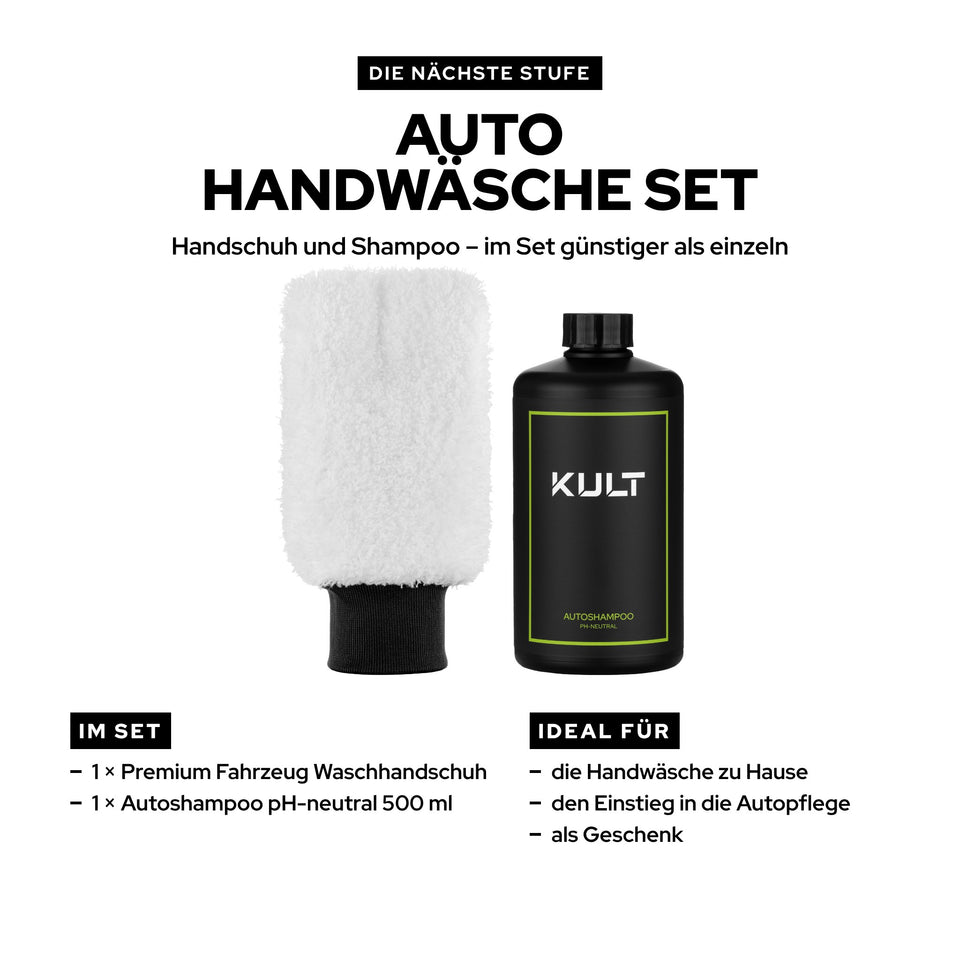 KULT Auto Handwäsche Set mit Premium Fahrzeug Waschhandschuh und Autoshampoo pH-neutral 500 ml