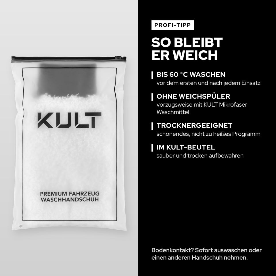 Pflege-Tipp: KULT Waschhandschuh bis 60 °C ohne Weichspüler waschen und im KULT-Beutel aufbewahren