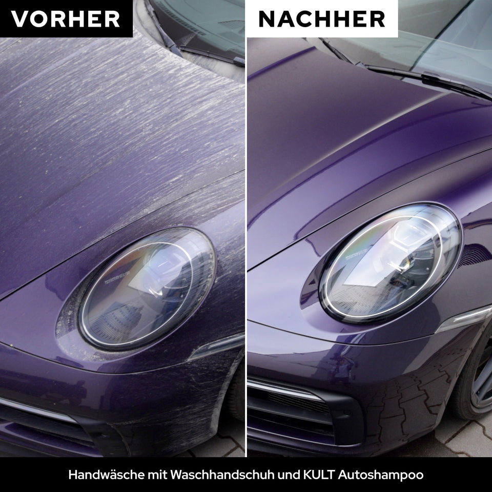 Vorher/Nachher: verschmutzter Sportwagen und derselbe Wagen nach der Handwäsche mit dem KULT Waschhandschuh