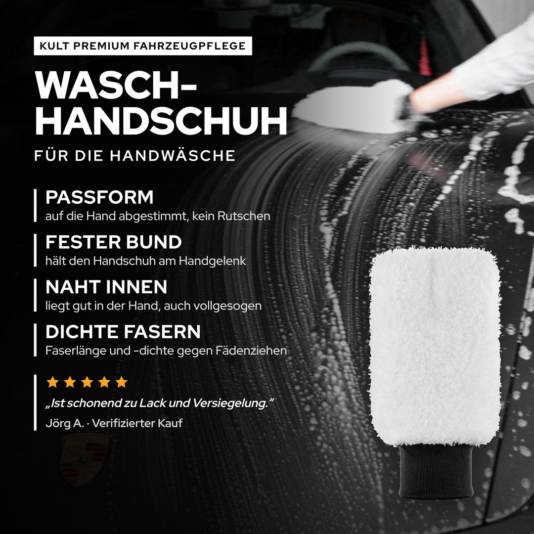 KULT Premium Fahrzeug Waschhandschuh in Weiß bei der Handwäsche auf schwarzem Lack, mit echter Kundenbewertung