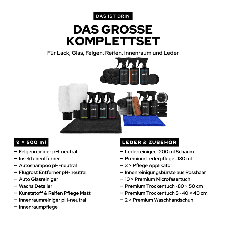 Erklärbild XXL All Inclusive Autopflegeset für Lack, Glas, Felgen, Reifen, Innenraum und Leder