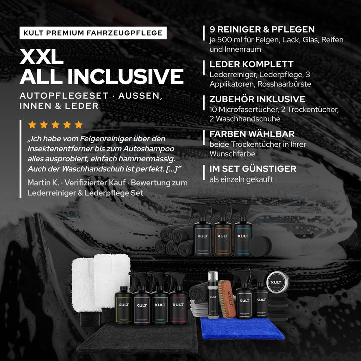 KULT XXL All Inclusive Autopflegeset: 9 Reiniger und Pflegen, Lederpflege und Zubehör, im Set günstiger als einzeln
