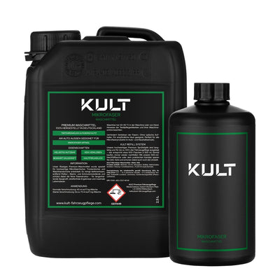 Mikrofaser Waschmittel Flasche + Kanister Set: Kanister 2,5 Liter und Flasche 500 ml, Vorderansicht