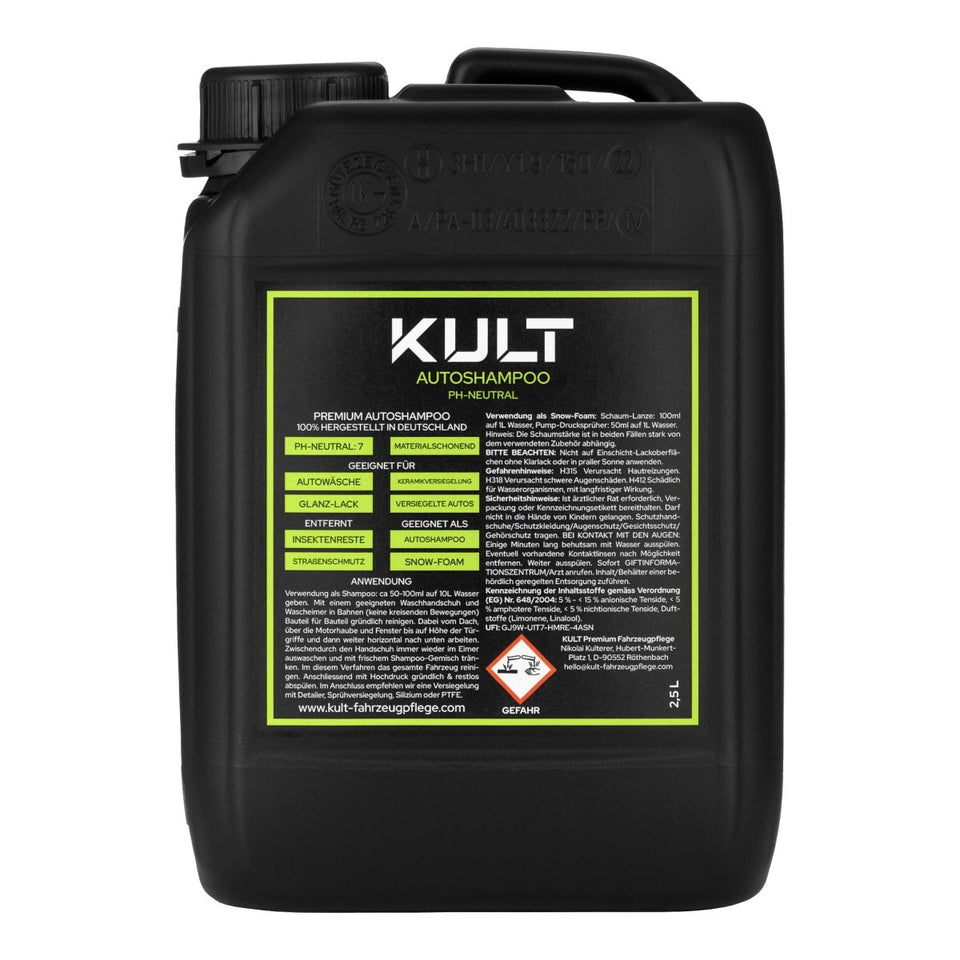 Schwarzer 2,5-Liter-Kanister mit hellgrünem Etikett: KULT Autoshampoo pH-neutral